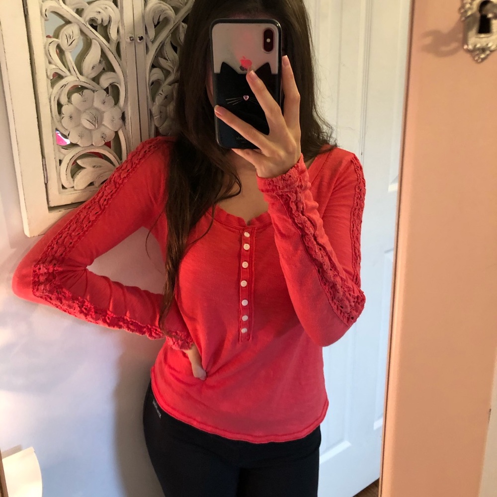 Aeropostale | Coral Red Sheer Lace Long Sleeve Faux Button Up Small